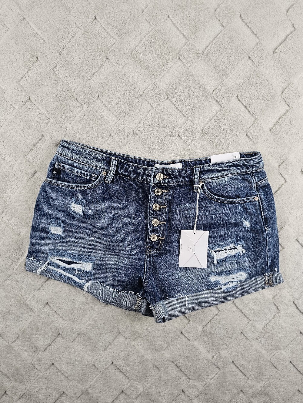 KanCan Distressed Dark Blue Denim Shorts Womens 32 Button Front Stretchy